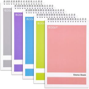 EOOUT 5 Pack 80 Sheets Top Spiral Steno Pads, 6 x 9Inches, White Paper Notepads, Gregg Rule, Steno Notebook for Writing, Assorted Covers, Pink, Purple, Yellow, Blue, Grey