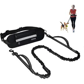 Hands Free Dog Leash with Zipper Pouch, Dual Padded Handle Dog Waist Belt, Retractable Bungee Leash with Reflective Stictches for Small & Medium Dog Running Walking Jogging Training, Black