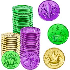 JOYIN 120 PCS Mardi Gras Coins, Gold Green Purple Mardi Gras Plastic Coin Bulk for Mardi Gras Parade Party Favors Supplies, Fake Gold Coins for Party Accessory Decoration
