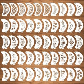 50 Pcs Face Paint Stencils, Body Facial Painting Stencils, Floral Stars Animal Skins Patterns Tattoo Painting Templates for Makeup Holiday Halloween Party Art Painting, translucent
