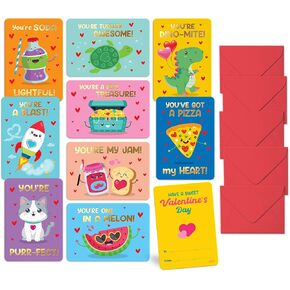 Sweetzer & Orange S&O 36 Funny Valentines Cards for Kids Classroom, School Valentines with Envelopes for Children- Cartoon Notes with Stickers - Double Sided Cards for Boys & Girls - 3.5" x5"