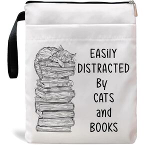 Book Sleeve, Book Covers with Zipper, Funny Cat & Book for Book Lovers, Gifts for Women Teacher Librarian Bookworm Bookish- Easily Distracted by Cats and Books (Black-C, Large)