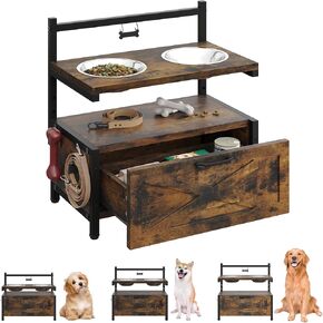 DWVO Elevated Dog Bowls with Storage Drawer, Dog Feeding Station with 2 Stainless Steel Dog Food Bowls & Hooks, 3 Height Adjustable Raised Dog Bowl Stand Medium Large Breed to 11.8", 13.8", 15.7"