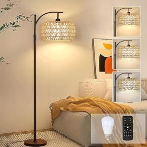 Arc Floor Lamp for Living Room Rattan Boho Floor Lamp with Remote Control,Dimmable LED Floor Lamp Wicker Lamp Shades Black Standing Lamp with 3 Color Temperature Tall Floor Lamp For Bedroom Corner