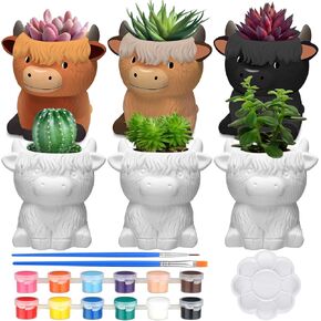 Beeveer 6 Pcs Highland Cow Succulent Pots with 12 Colors of Acrylic Paints 2 Paintbrushes and a Palette Cow Shaped DIY Ceramic Planter Flower Container for Home Display and Office Desk Decoration