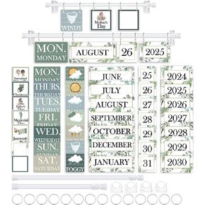 96 Cards Greenery Classroom Calendar Bulletin Board Set For Teacher,Plant Flip School Calendar With Holder For Classroom Decoration,Adjustable Calendar,Preschool Elementary Home Decor Supplies