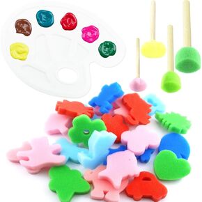 Paint Sponge for Kids, Stamps Foam Brushes for Early Learning Toddlers, Sponge Paint Brush for Painting Art Crafts Drawing with Palette - 31 Pcs