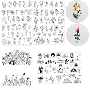 Water Soluble Embroidery Paper - Stick and Stitch Embroidery Paper Wash Away, 4 Sheet Hand Sewing Stabilizer for Embroidery, Mushroom, Butterfly, Boho Flower Designs