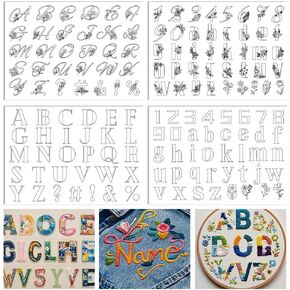 ORIGACH 4 Sheets 143 Pcs Water Soluble Embroidery Patterns Stabilizers - Pre-Printed Letter, Number & Floral Hand Sewing Stabilizers- Stick & Stitch Embroidery Patterns for Hand Sewing Beginner