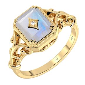 Elammo أصلي من الأوجه الطبيعية قوس قزح Moonstone الصفراء مطلي 925 الجنيه الاسترليني خاتم الفضة للنساء Art Deco Gemstone أصيلة Gemstone خمر الوعود مقترح هدية لها (9)