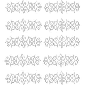 10 Pieces Celtic Metallic Embroidered Applique Scrolled Iron on Patches Vine Border Lace Fringe Edge for Medieval Costume Wedding Dress Pillow Sewing Accessories (Silver)