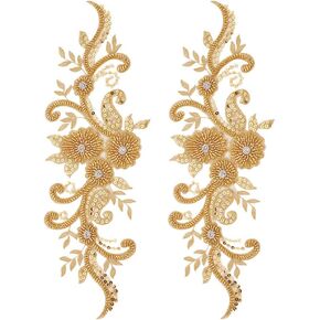 arricraft 2 pcs Gold 3D Applique Flowers Lace Patch, Embroidery Beaded Rhinestone Lace Trim Applique Sew On Flower Fabric Collar Patch for DIY Wedding Dress Decor 5.1x14.1 inch(13x36cm)