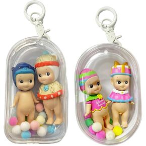 2Pcs Clear Figure Display Case with Keychain for Storage 2 Sonny Dolls, Clear Keychain Pouch Blind Box Display Carrying Case for Mini Figure Doll Collectors