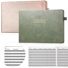 2 Pieces Accounting Ledger Book 7x10 inch Horizontal Expense Tracker Notebook Financial Ledger Books & Columnar Journal for Small Business, Personal Bookkeeping (Green+Rose Gold)