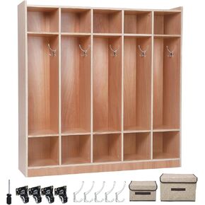 5-Section Classroom Coat Locker Glazed Finished, Thick Plywood Daycare Cubby with 4 Casters, 2 Storage Box, 5 Hooks, 5+10 Cubbies for Classrooms/School/Kindergarten