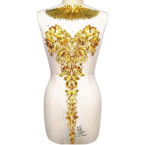 Embroidered Floral Gold Color Rhinestone Sequins Lace Applique Trim Patches Great for DIY Neckline Bodice Wedding Bridal Prom Dress