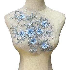 Blue 3D Embroidered Lace Tassel Flower Applique - Sew-On Bridal Patch for Wedding Dresses, Gowns & Headdress Decoration - DIY Clothing Accessories (13x8 Inches)