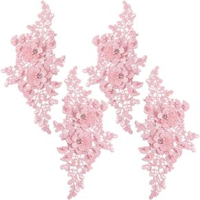 2 Pair Pink Floral Embroidery Applique Beaded Flower Rhinestone Appliques 3D Polyester Lace Pearl Crystal Sew on Patches for Sewing Making Clothes Wedding Gowns Costumes Accessories Supply