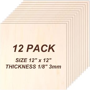 Philorn Basswood Sheets 12"x12"x 1/8", 12 Pack Plywood Sheets 3mm with Smooth Surfaces for Laser Cutting Engraving, Unfinished Wood for Crafts, Wood Burning, Architectural Models, Staining