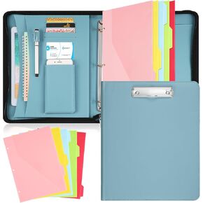 Padfolio Portfolio Organizer Binder with Zipper Leather Portfolio with 3 Ring Binder Business Binder with 5 Folder Divider Pages for Tablet, Resume, Documents, Business Cards(Gray Blue)