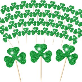 100 PCS St Patrick's Day Toothpicks Shamrock Cocktail Picks Fruit Sticks Food Toothpicks Green Glitter Shamrock Cupcake Toppers St Patrick's Day Party Birthday Party Snack Decorative