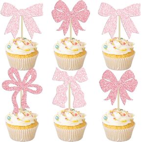Ephlyn 24Pcs Pink Bow Cupcake Toppers Bow Birthday Cake Topper Girls Birthday Party Decorations Bowknot Cupcake Decorations for Bridal Baby Shower Birthday Wedding Themed Party Multi