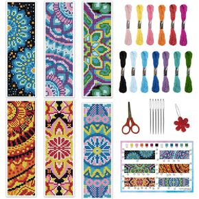 INFUNLY 6PCS Mandala Cross Stitch Bookmark Kits 8''x2.4'' Floral Fabric Bookmark Making Kit DIY Stamped Embroidery Bookmarks for Beginners with Instruction for Book Lovers Reader Writers Gift