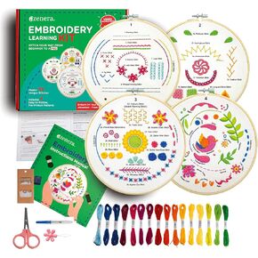Azenera Beginner Embroidery Kit (4 Pack) to Learn 33 Stitches with Step by Step DIY Video Tutorials, Colored Design Patterns, Thread Floss, Cross Stitch Hoop, Gift