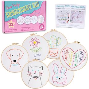 Louise Maelys 12 Pre-Stamped Embroidery Kits for Beginners, Cross Stitch for Kids Girls,DIY Needlepoint Craft Sewing,Practice Kit Supplies,Funny Cute Pattern,Perfect for Ages 8-12