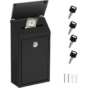 Sevenuncles Metal Donation Box Collection Box Safe Suggestion Drop Box with Lock Wall Mounted Mailbox with Rain Cover Delivery Ballot Box with Slot for Outside Home Office (Black)
