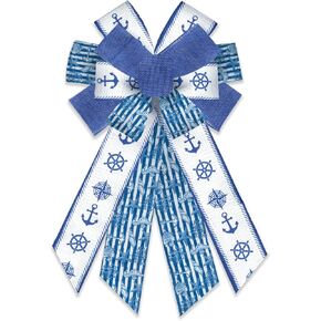 LINGMIN Large Summer Bow for Wreath, White Blue Burlap Bows for Front Door Wall Fence Decor, Ship Rudder Wreath Bow Tree Topper Bow for Wreaths Basket DIY Crafts Gift Party Bow Decoration