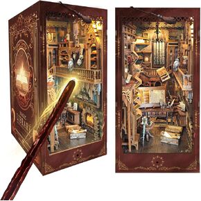 Book Nook Kit w/Remote Wand, DIY Dollhouse Booknook Magic 3D Bookshelf Insert Decor Craft Building Set Gift for Teens Adults as Halloween Christmas Day Gift - Magic Library-Brown