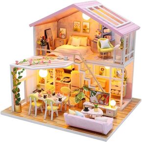 DIY Miniature House Kit, Tiny House Kit with LED & Music Movement, DIY Wooden Dollhouse Miniature Kit for Adults Teen, Wooden Crafts Lovely Dollhouse Kit, Bamboo Stream Garden