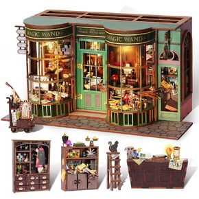 Miniature Dollhouse Kit, Wooden Mini House Building Kit, DIY Book Nook Kits for Adults, Magic Wand Shop Model with LED Light, Christmas Birthday Gifts for Adults Teens (Magic House)