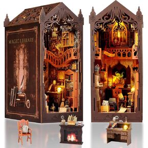 FASTSPOK DIY Book Nook Kit: 3D Wooden Puzzle Shelf Insert with LED Light - Miniature Dollhouse Bookend Decor for Adults and Teens - Creative Gift