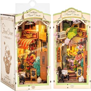 Rolife DIY Book Nook Kits for Adults, Miniature Dollhouse Booknook Kit for Home Room Decor, 3D Wooden Puzzle with LED, Flower Corner Creative Bookends Bookshelf Diorama Insert