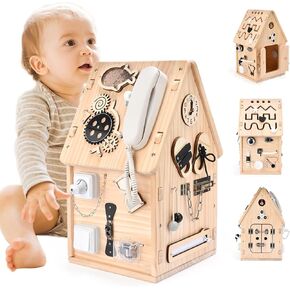 Potatomato Montessori Wooden Busy House - لعبة مزدحمة للألعاب للأطفال الصغار - ألعاب تعليمية في مرحلة ما قبل المدرسة - اللوحة الحسية للمهارات الحركية الجيدة والهدايا لأولاد بابيس والبنات