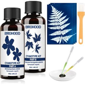 Brohood Cyanotype Kit, Cyanotype Chemicals, Complete Sun Printing Kit for Cyanotype Dye Projects on Fabric and Paper, 2 Part 50ml Sensitizer Cyanotype Fabric for Kids, Beginners and Artists
