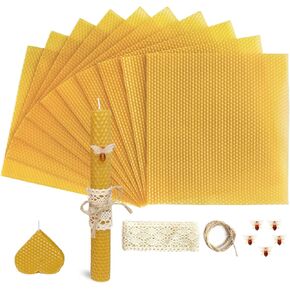 طقم صنع شمعيات شمع العسل في الدم ، 10pcs 8 "× 8" 100 ٪ من شمع العسل لصنع الشموع -الحلي النحل ، الدانتيل ، شمعة القطن ويكز وحبل القنب ، شمعة DIY لوازم اللوازم