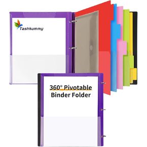 360° Pivotable Project Organizer Binder, 2 Pack 3 Ring Binder with Colored Tab Dividers with Pockets, Customizable Front Cover Multi Pocket Folder Binder for Home, School, Office- Purple