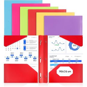 6 Pack Plastic Folders with Pockets and 3 Prongs,Colored Heavy Duty File Folder with Two Fixed Corner Tabs and 2 Pockets,Fits 3 Ring Binder Holds 8.5" x 11" Paper for School Office Home