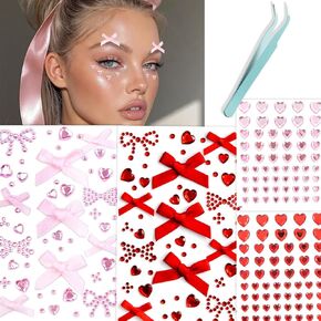 NOOEPC Face Gems Heart Rhinestones Bow Stickers Self Adhesive Sticker Acrylic Heart Gems for Face Hair Body Bling Face Jewels Valentine's Day DIY Crafts Party Decoration