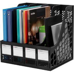 Comix Magazine File Holder Rack/Vertical Desktop File Organizer - Plastic Desk Organizer for Files, Folders, Books - 4 Compartment Binder Organizer - Black