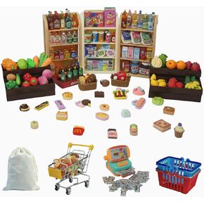 180Pcs Mini Shopping Cart Playset - Pretend Grocery Dollhouse Accessories Toys with Miniature Cash Register, 2 Fruit-Veggie Stands, 3 Shelves, 100+ Play Food - Educational Role Play Toys for Toddlers