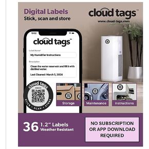 QR Code Cloud Tag Labels | لا يوجد تطبيق أو اشتراك | رموز QR قابلة للبرمجة لتخزين المعلومات ، التخزين ، التعليمات ، المفقودة واليوم ، تاريخ الخدمة وما إلى ذلك | مقاومة للماء | حزمة من 36 (1.2 في × 1.2 بوصة)