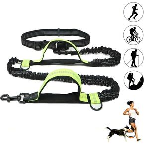 Heavy Duty Hands Free Dog Leash | One Large Dog Up to 135 lbs | Comfortable Shock Absorbing Bungee | Reflective Padded Handles | Lumbar Waist Belt 23-45" Running Walking Hiking Jogging (Green)