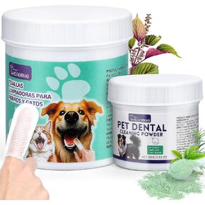 Dog Dental Care Kit - Dog Dental Powder (80 g) & 50pcs Dental Care Finger Wipes - Tooth Brushing Kit, Plaque Reduces, Freshens Breath, Best Teeth Cleaning for Dogs Healthy Teeth & Gums