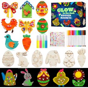 GWAHSA Easter Crafts for Kids, 30pcs Glow in The Dark DIY Wooden Magnets Arts Crafts Supplies Painting Kit for Boys Girls Ages 4-8 8-12 Spring Easter Activities Party Favors Basket Stuffers Toys Gifts