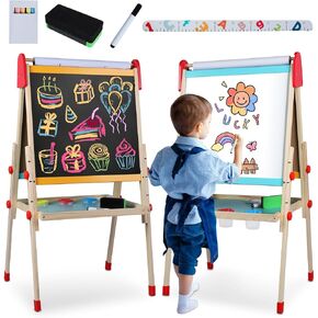 Art Easel for Kids Easel for Toddlers, Adjustable Toddler Art Easels, Magnetic White Board&Chalk Board with Art Supplies for Toddlers Boys&Girls,Wooden Art Easel for Kids Ages 3-12 with Paper Roll