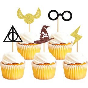 30PCS Glitter Wizard Cupcake Magic Wizard Inspired Happy Birthday Party Cake Decoration for Birthday Party Decor Supplies Boy Girl Gifts